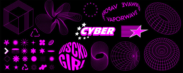 Retrowave design elements in trendy retro cyberpunk 80s 90s style. Y2k aesthetic.