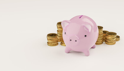 Piggy bank. Piggy Bank with stacks coins on white background. Target investment goals. Funds and budgeting of economy. 3d illustration.