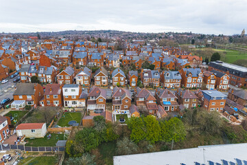 high-angle view of small and pretty orange houses in the rows, Wollaton district, Nottingham. High...
