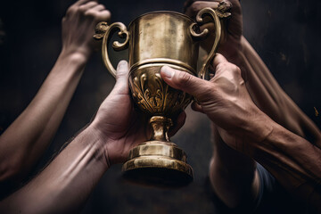 men hold a trophy with their hands in a close-up shot victory moment, AI Generative