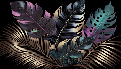Tropical pattern with palm leaves, pastel and purple colors, glamorous black background color, Generative AI