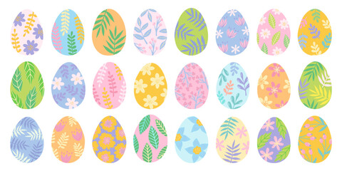 Easter eggs with floral ornaments set. Spring holiday symbol. Eggs flowers and leaves flat design. Colorful Easter eggs collection.