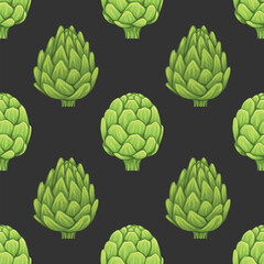 Vector seamless pattern with hand drawn artichokes on dark background. Texture with cartoon head of cabbage healthy vegetables.