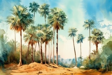 Naklejka na ściany i meble Illustration of palm trees standing tall in a desert landscape created with Generative AI technology
