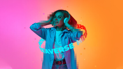 Young emotive girl in headphones with neon lettering around body isolated pink and orange background
