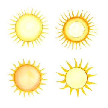 Set of watercolor stylized suns, isolated on white background, design template