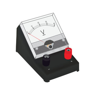 voltage measuring equipment, electronics appliance, voltage, analog meter, electric meter, current direction, kvl, kcl, physics lab, science lab, voltmeter isometric view flat design illustration.