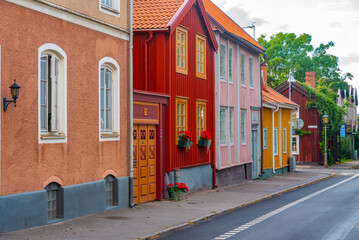 Colorful timber houses in Swedish town Kalmar © dudlajzov
