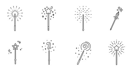 Magic wand line icon, fairy wand line art vector logo. Magic stick vector outline icon. Editable stroke - obrazy, fototapety, plakaty