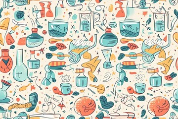 seamless pattern featuring a variety of objects on a white background created with Generative AI technology