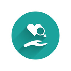 White Heart with female gender symbol icon isolated with long shadow background. Venus symbol. The symbol for a female organism or woman. Green circle button. Vector