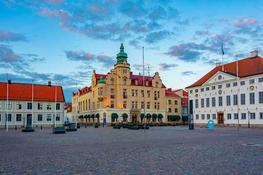 Sunset view of town hall at Stortorget square in Swedish town Kalmar