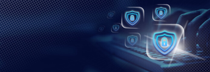 Cyber, personal data, privacy and information security. Internet networking  protection security system concept. Padlock icon on tech code background. Banner. Copy space.