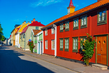 Colorful timber houses in Swedish town Kalmar © dudlajzov