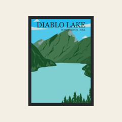 diablo lake poster vintage art design illustration.