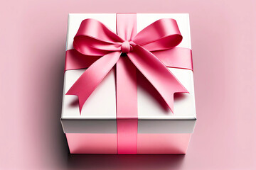 Birthday gift box with pink ribbon. Generative ai.