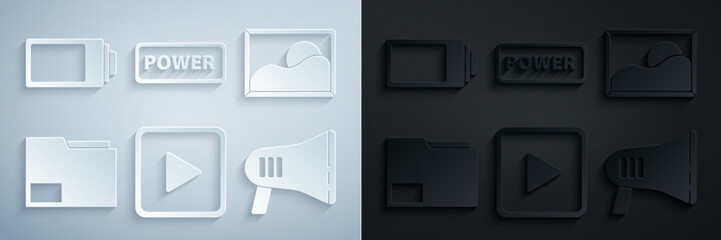 Set Play in square, Picture landscape, Document folder, Megaphone, Power button and Battery charge level indicator icon. Vector