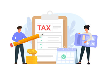 Filing  tax return. Flat vector illustration of taxation concept. Characters preparing documents for income taxes.