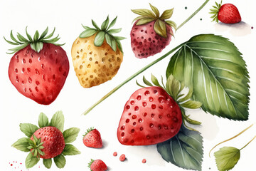 Watercolor drawing of ripe strawberries on white background, generative AI illustration