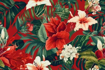 Fototapeten Red and White Floral Wallpaper with Green Leaves Pattern created with Generative AI technology © AkuAku