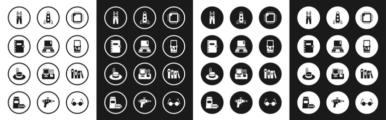 Set Processor with CPU, Laptop, Spiral notebook, Pants suspenders, Tetris, Rocket ship, Book and Man hat icon. Vector