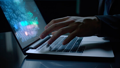 Fototapeta na wymiar Businessman using a laptop computer. Generative AI