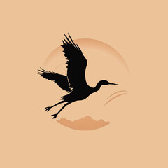 Silhouette of flying bird. Flying stork..