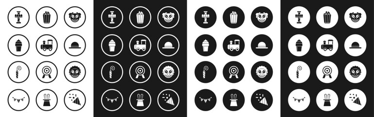 Set Clown head, Toy train, Ice cream, Attraction carousel, hat, Popcorn box, and Birthday party horn icon. Vector