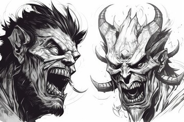 Illustration of two menacing faces with horns and sharp teeth created with Generative AI technology