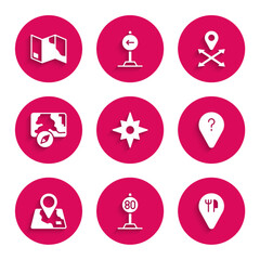 Set Wind rose, Speed limit traffic, Cafe and restaurant location, Unknown route point, Folded map with marker, City navigation, Location and icon. Vector