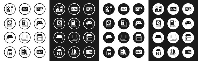 Set Video graphic card, Case of computer, Hard disk drive HDD, Motherboard digital chip, Computer cooler, SSD, Server, Data, Web Hosting and icon. Vector