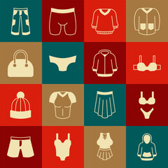 Set Hoodie, Swimsuit, Bra, Sweater, Men underpants, Handbag, Pants and icon. Vector