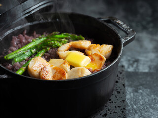 Scallops, butter, stone pot rice with asparagus