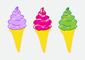 Ice cream cone light purple, light pink, green Pour purple, pink, green syrup. Raspberry flavor, strawberry milk flavor and green tea flavor vector illustration.