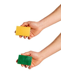 Hand holding yellow Sponge isolated on white background