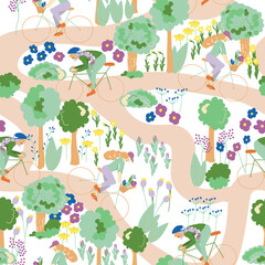 White Biking in the park seamless background pattern. Spring in the park vector pattern.