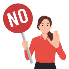 Stop sign and rejection concept. Young serious woman cartoon character standing with red sign stop in hands and showing her palm with refusing emotion