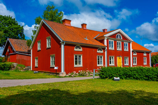 Colorful timber houses in Swedish town Vaxj&ouml;