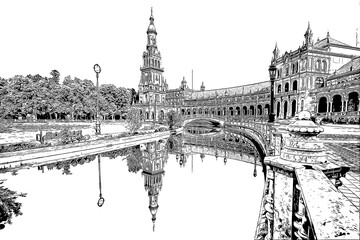 Naklejka premium Plaza de Espana, Sevilla, Spain, ink sketch illustration.