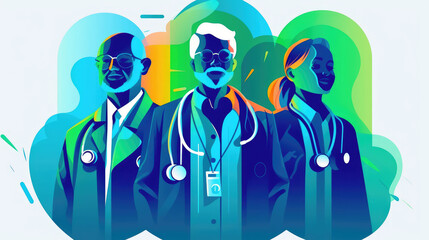 A collective of doctors celebrating world health day and advocating for good health practices, captured on a light background. Generative AI - 586089143