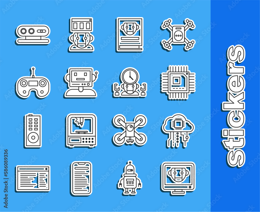 Poster set line bot, internet of things, processor with microcircuits cpu, user manual, robot, remote contr