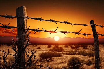 barbed wire fence with a view of the sunset in the background, created with generative ai