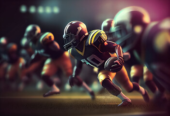 illustration of American football players in game, touchdown at ight stadium lights. Ai - obrazy, fototapety, plakaty