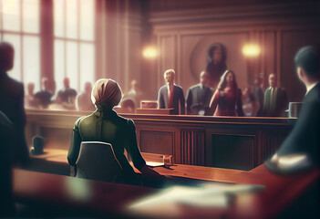 illustration of litigation process in the courtroom person standing with his back and responsible to the public. ai