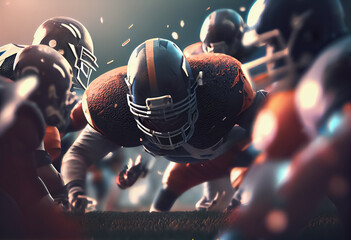 illustration of American football players in game, touchdown at ight stadium lights. Ai - obrazy, fototapety, plakaty