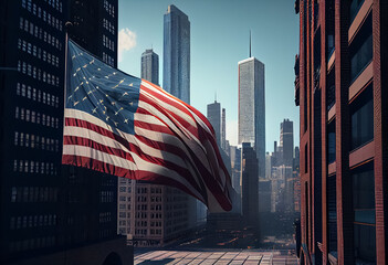 illustration of american flag against of big city with buildings. AI