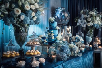 table decorated with a variety of blue and white flowers created with Generative AI technology