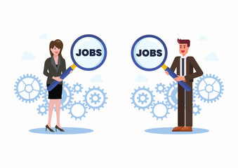 Businessman and woman are holding magnifying glass to finding new job