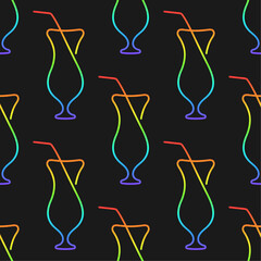 Alcohol cocktail vector seamless pattern. Rainbow gradient elements on black background. Best for textile, wallpapers, wrapping paper, package and bar decoration.