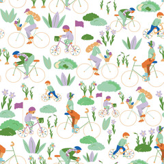 White Biking outdoors seamless background pattern. Spring vector pattern with women, men, and kids biking outside